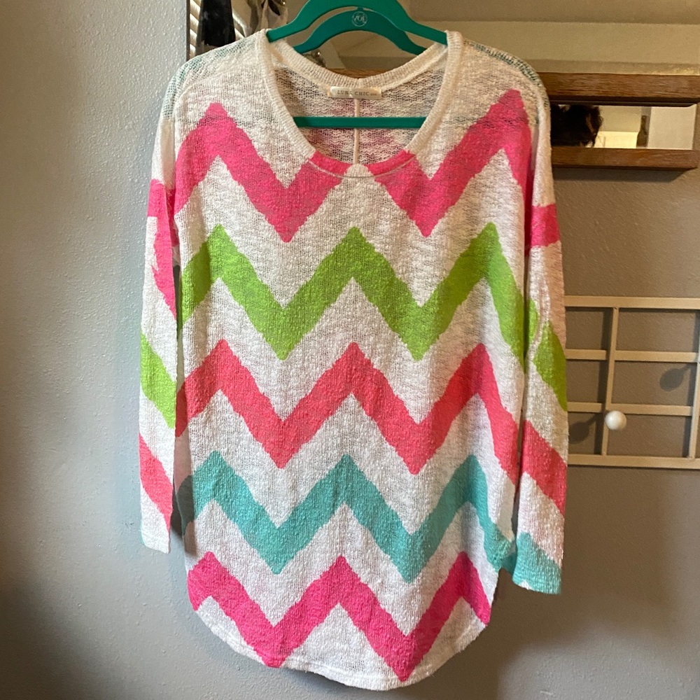Luna Chic Pink Green Blue Chevron Sweater